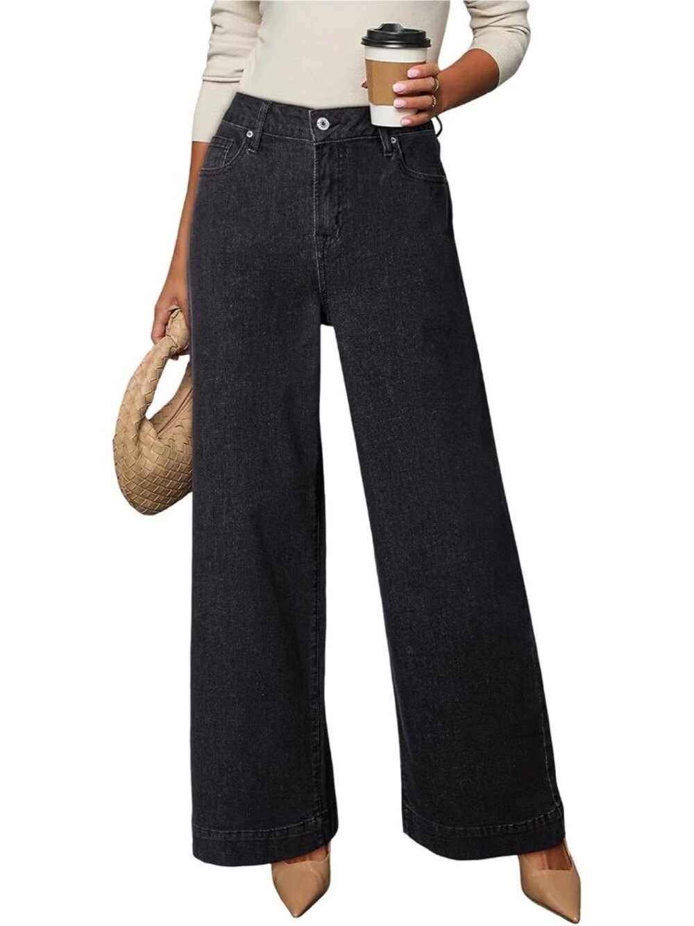 Women's Black High Waisted Jeans Stretch Wide Leg Loose Denim Baggy Jeans Pant